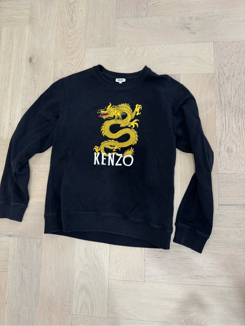 KENZO Men's Black Sweater with Gold Dragon Embroidery size large